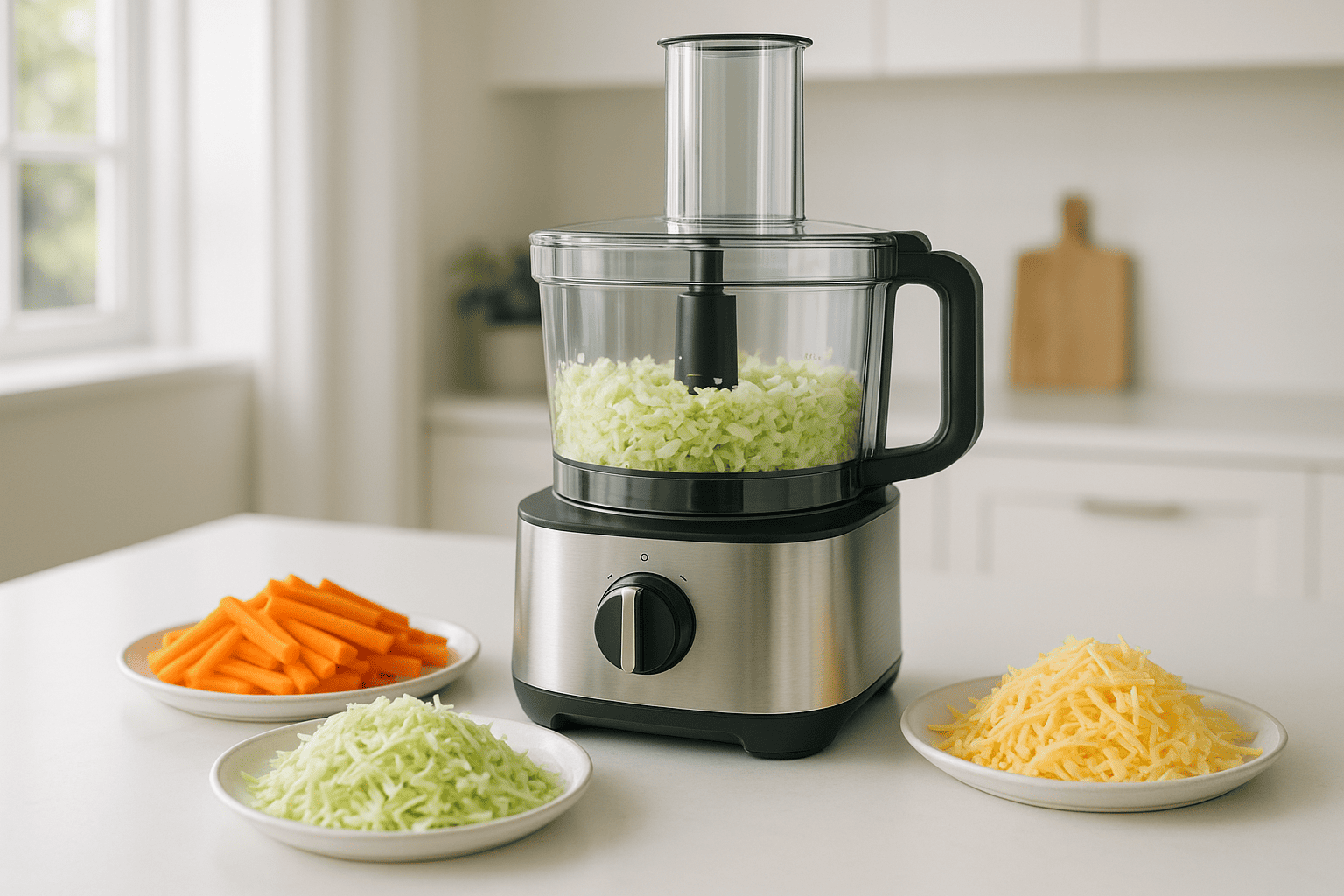 Food processor on a clean kitchen bench with chopped vegetables — the ultimate meal-prep multitasker