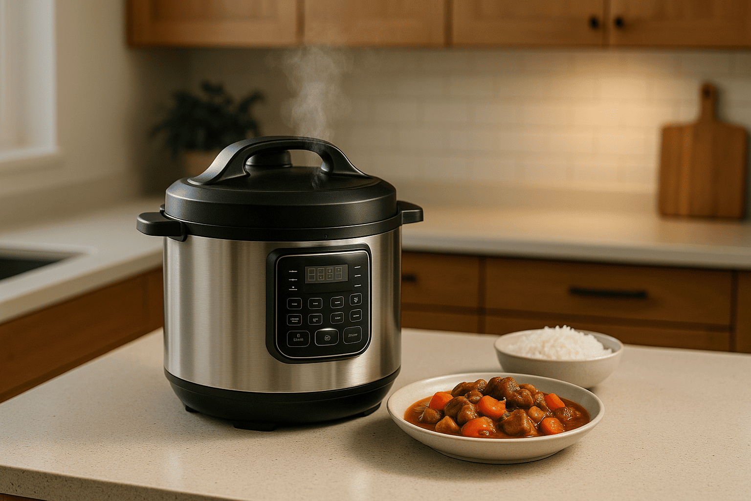 Modern stainless steel multi-cooker on a kitchen bench with steam rising — ideal for quick weeknight meals